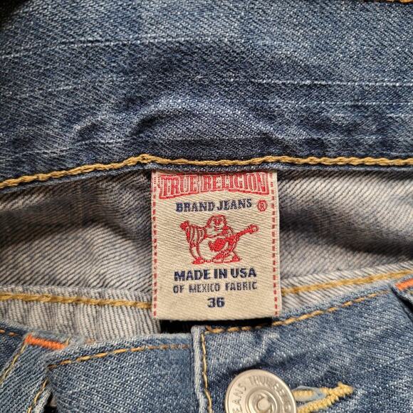 True Religion Ricky Jeans 36x32 Blue Denim Straight Leg Relaxed Whiskers Y2K - Picture 8 of 13
